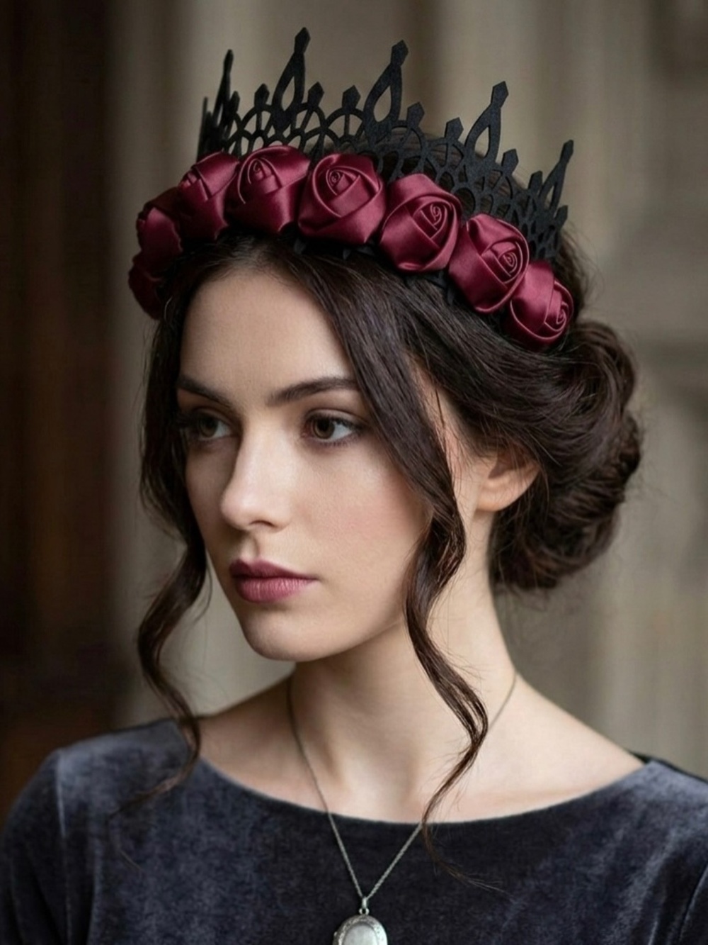Midnight Rose Gothic Crown – Ornate Black Lace & Crimson Satin Rose Headband